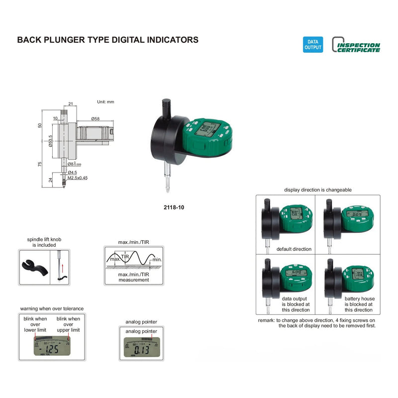 DIGITAL INDICATOR - INSIZE 2118-10 12.7mm / 0.5" (Back Plunger Style)