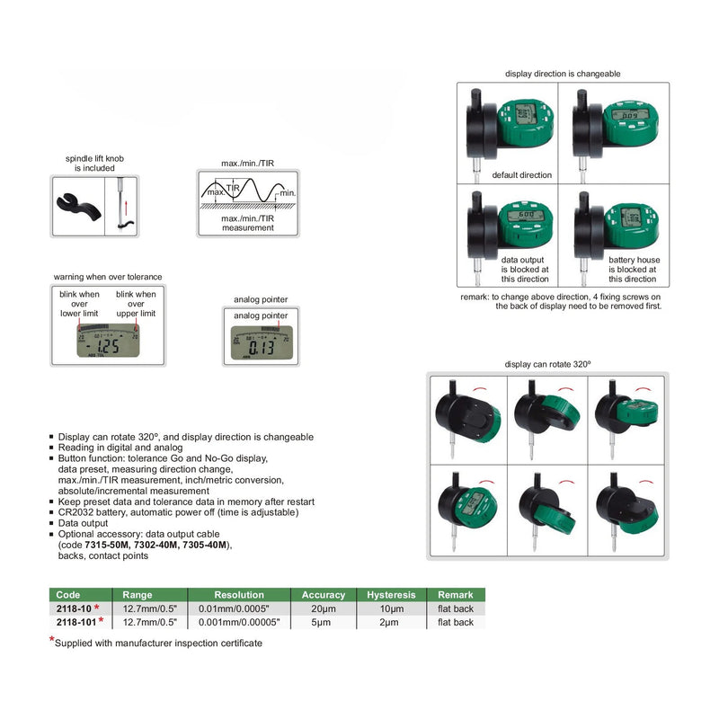 DIGITAL INDICATOR - INSIZE 2118-10 12.7mm / 0.5" (Back Plunger Style)