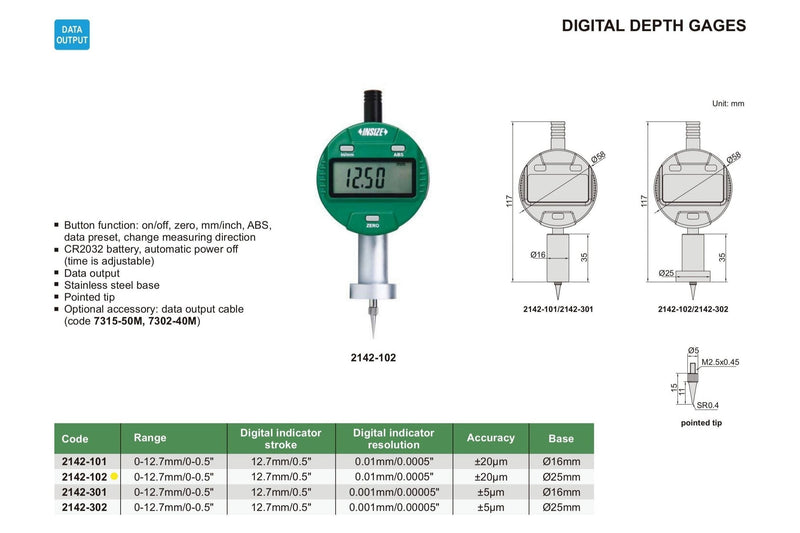 MINI DIGITAL DEPTH GAUGE - INSIZE 2142-102 0-12.7mm / 0-0.5" (Long Base)