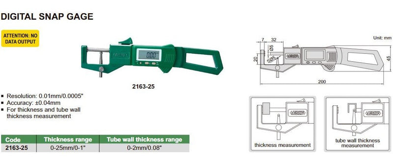 DIGITAL SNAP GAUGE - INSIZE 2163-25 0-25mm / 0-1"