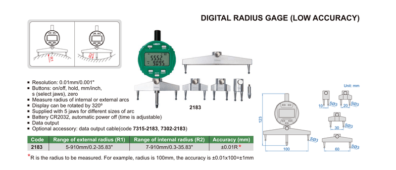 DIGITAL RADIUS GAUGE - INSIZE 2183 5-700mm / 0.2-27.5"