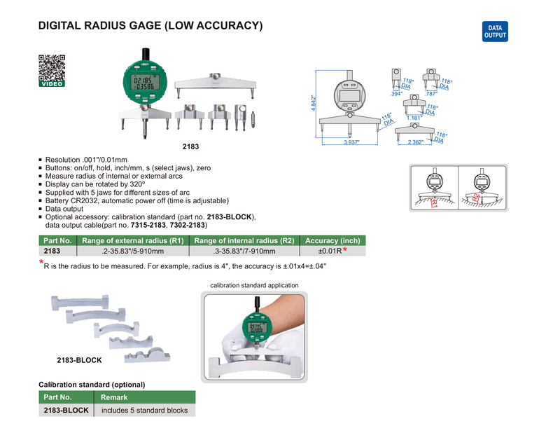 DIGITAL RADIUS GAUGE - INSIZE 2183 5-700mm / 0.2-27.5"