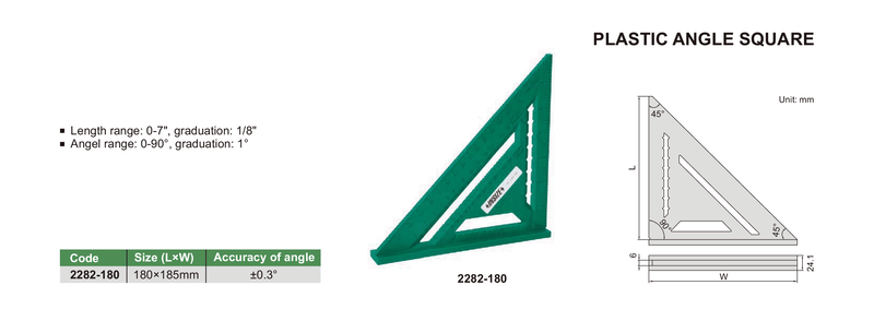 INSIZE 2282-180 plastic angle square, highlighting its accurate 1-degree and 1/8 inch graduations for precise measurements, ideal for various applications.