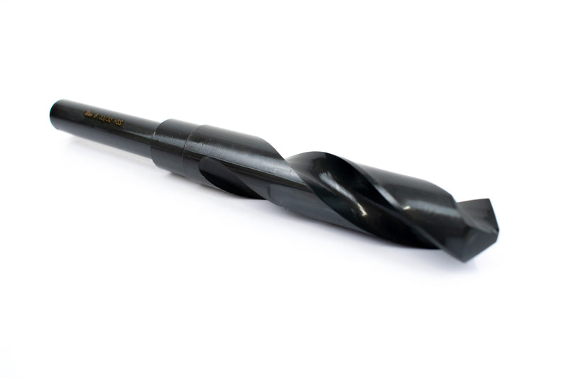 Angled view of a 23/32" HSS reduced shank drill bit, focusing on the sharp drill point and shank