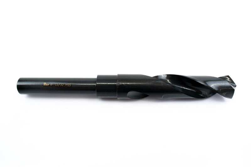 Side view of a 23/32" HSS reduced shank drill bit, showing the shank and pointed drill tip.
