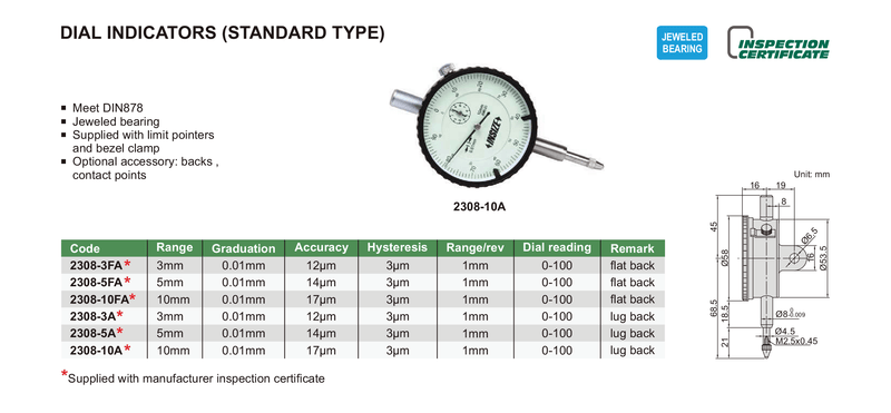 DIAL INDICATOR - INSIZE 2308-10A 10mm