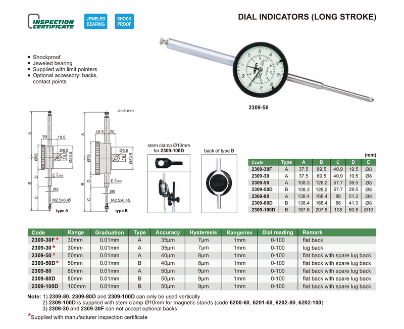 LONG STROKE DIAL INDICATOR - INSIZE 2309-80D 80mm