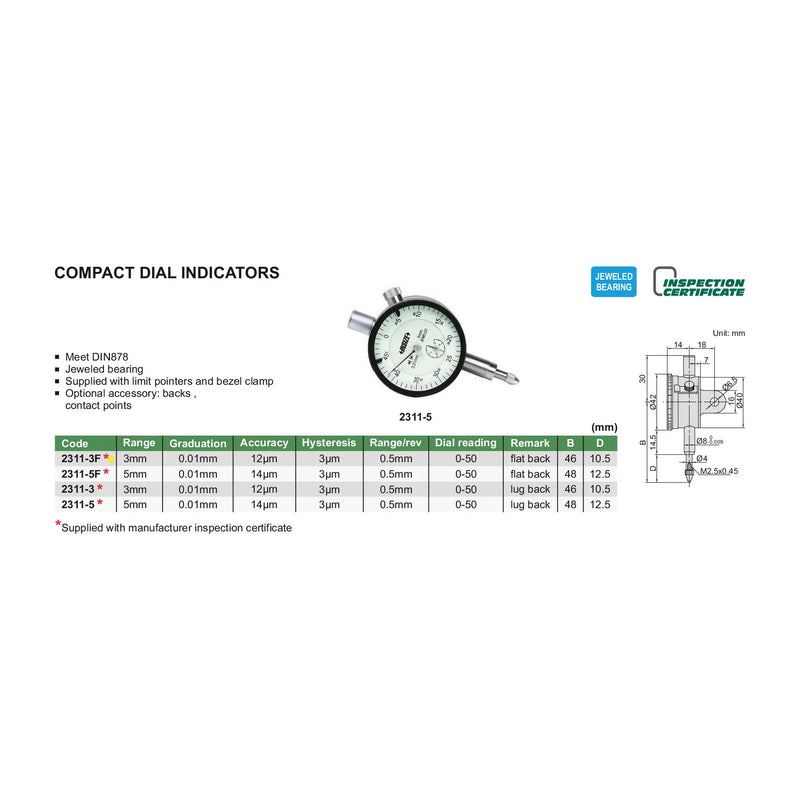 DIAL INDICATOR FLAT BACK 5MM - INSIZE 2311-5F