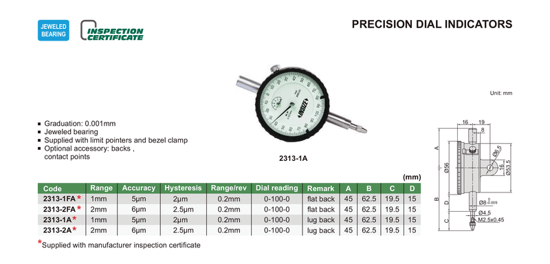 PRECISION DIAL INDICATOR - INSIZE 2313-2A 2mm