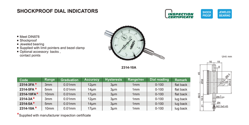 10MM DIAL INDICATOR SHOCKPROOF INSIZE 2314-10A