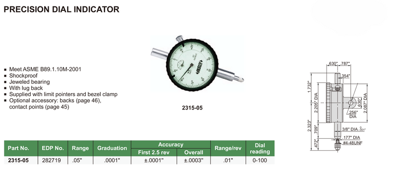 PRECISION DIAL INDICATOR - INSIZE 2315-05 0.05"