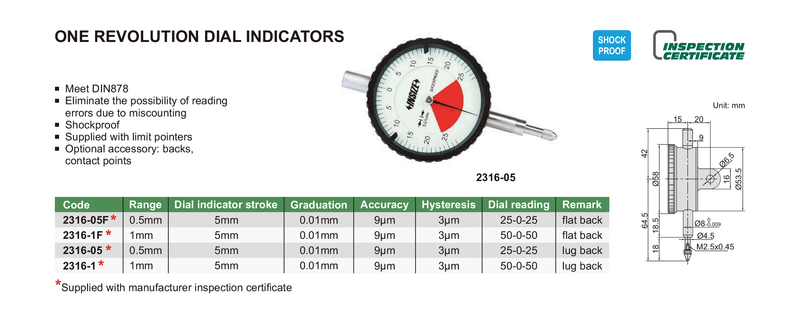 ONE REVOLUTION DIAL INDICATOR 1MM X 0.01 | INSIZE 2316-1