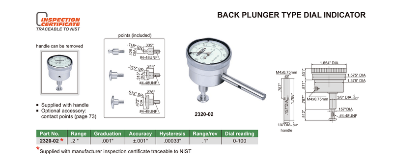 BACK PLUNGER TYPE DIAL INDICATOR 20MM - 2320-02