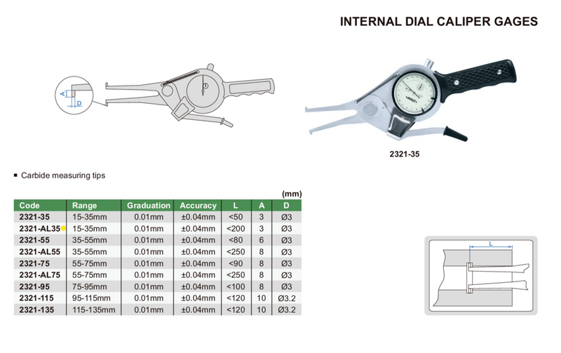 INTERNAL DIAL CALIPER GAUGE - INSIZE 2321-AL35 15-35mm