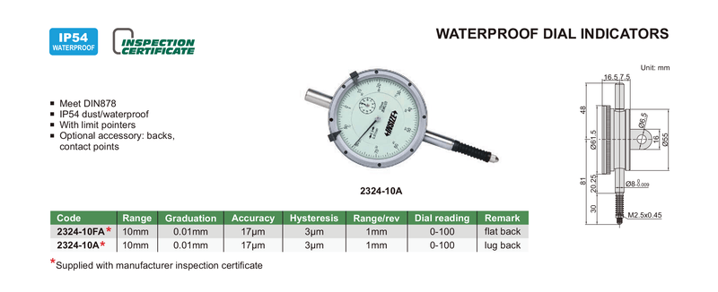 WATERPROOF DIAL INDICATOR - INSIZE 2324-10 10mm