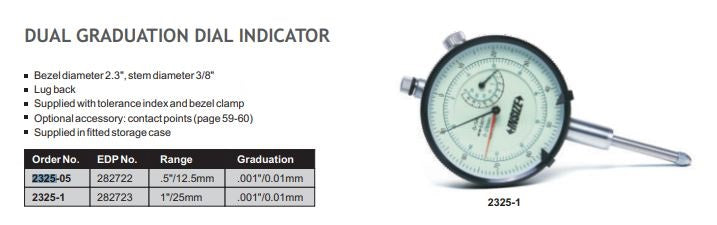 DUAL GRADUATION DIAL INDICATOR - INSIZE 2325-05 12.5mm / 0.5"