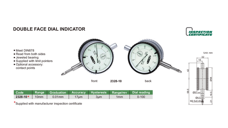 DOUBLE FACE DIAL INDICATOR | 10mm x 0.1mm | INSIZE 2328-10