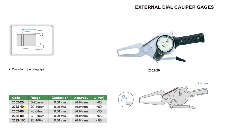 EXTERNAL DIAL CALIPER GAUGE | 20 - 40mm x 0.1mm | INSIZE 2332-40