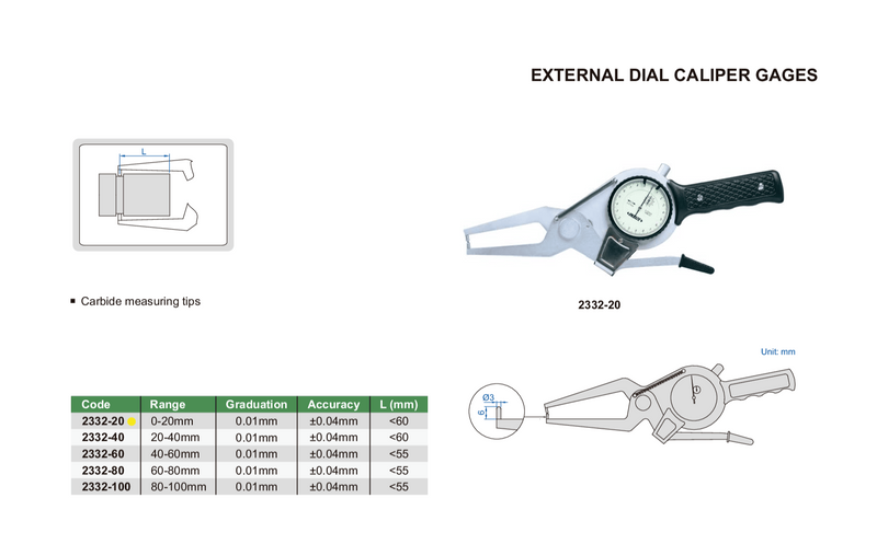 EXTERNAL DIAL CALIPER GAUGE | 0 - 20mm x 0.1mm | INSIZE 2332-20