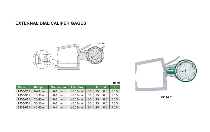 EXTERNAL DIAL CALIPER GAUGE | 0 - 20mm x 0.1mm | INSIZE 2333-201