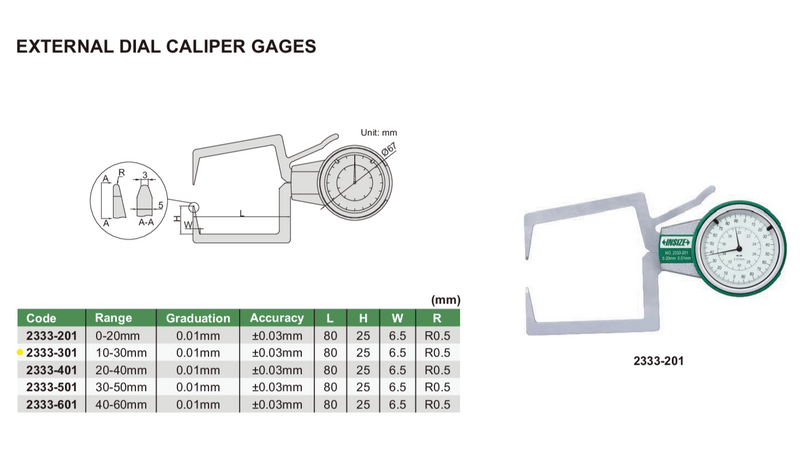 EXTERNAL DIAL CALIPER GAUGE | 10 - 30mm x 0.1mm | INSIZE 2333-301