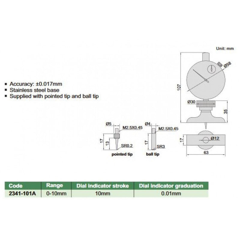 DIAL DEPTH GAUGE | 0 - 10mm x 0.01mm | INSIZE 2341-101A