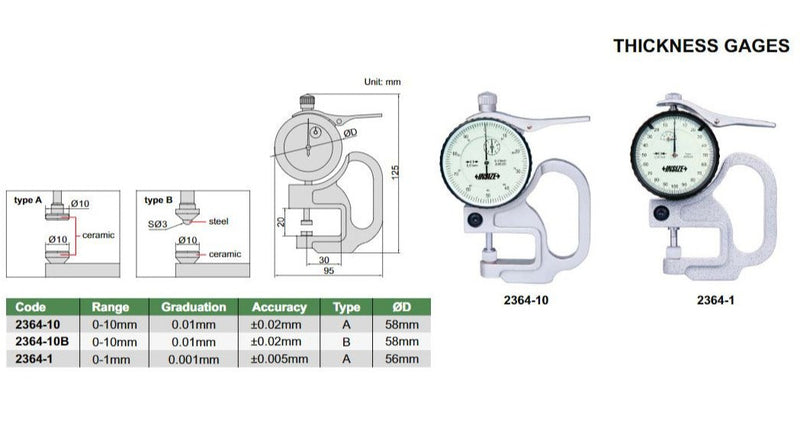 THICKNESS GAUGE | 0 - 10mm x 0.01mm | INSIZE 2364-10B