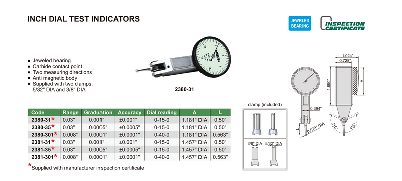 DIAL TEST INDICATOR | 0.03" x 0.0005" | INSIZE 2381-35