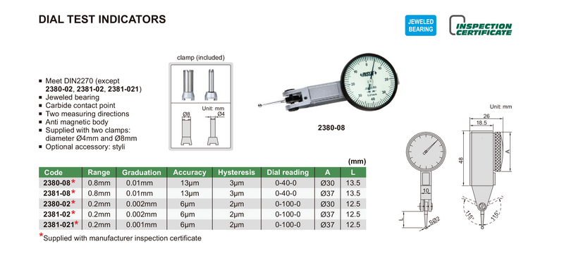 Dial Test Indicator | 0.8mm x 0.01mm | INSIZE 2380-08