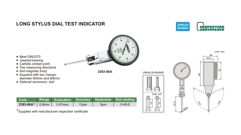 LONG STYLI DIAL TEST INDICATOR | 0.8mm x 0.01mm | INSIZE 2383-08A