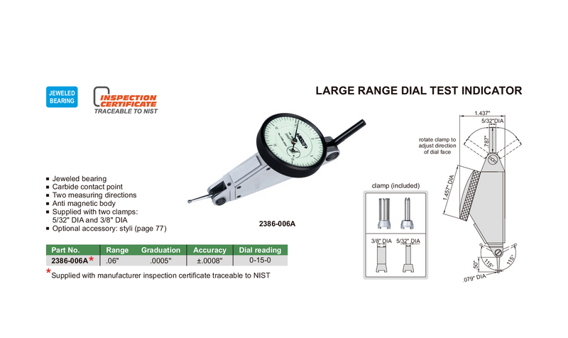 LARGE RANGE DIAL TEST INDICATOR | 0 - 0.06" x 0.0005" | INSIZE 2386-006A