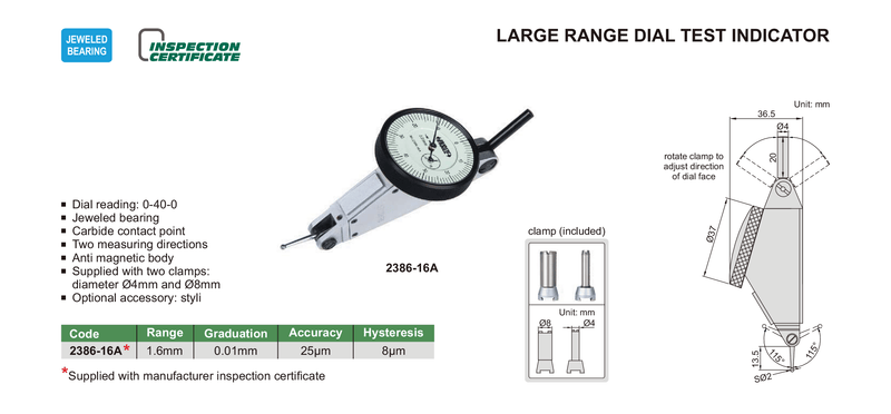 LARGE RANGE DIAL TEST INDICATOR | 0 - 1.6mm x 0.01mm | INSIZE 2386-16