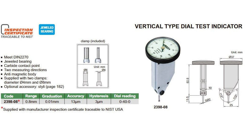 BACK PLUNGER DIAL TEST INDICATOR | 0 - 0.8mm x 0.01mm | INSIZE 2398-08