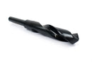 Angled view of a 25/32" HSS reduced shank drill bit, focusing on the sharp drill point and shank