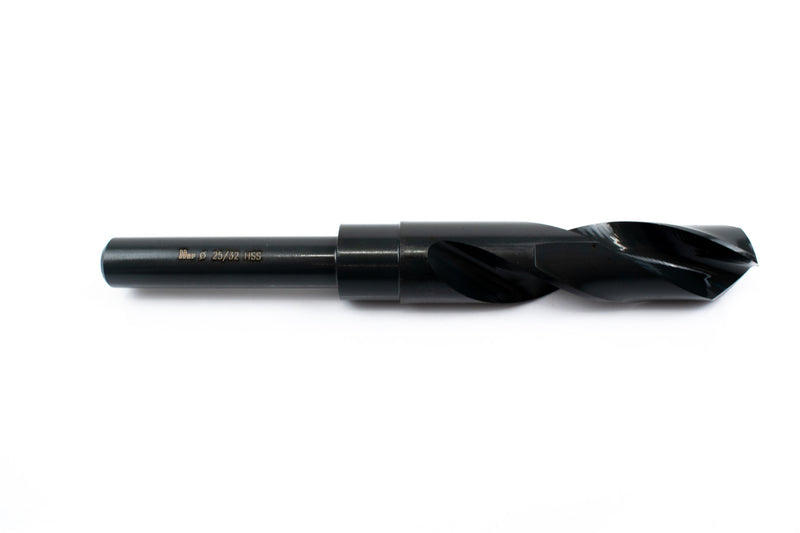 Side view of a 25/32" HSS reduced shank drill bit, showing the shank and pointed drill tip.