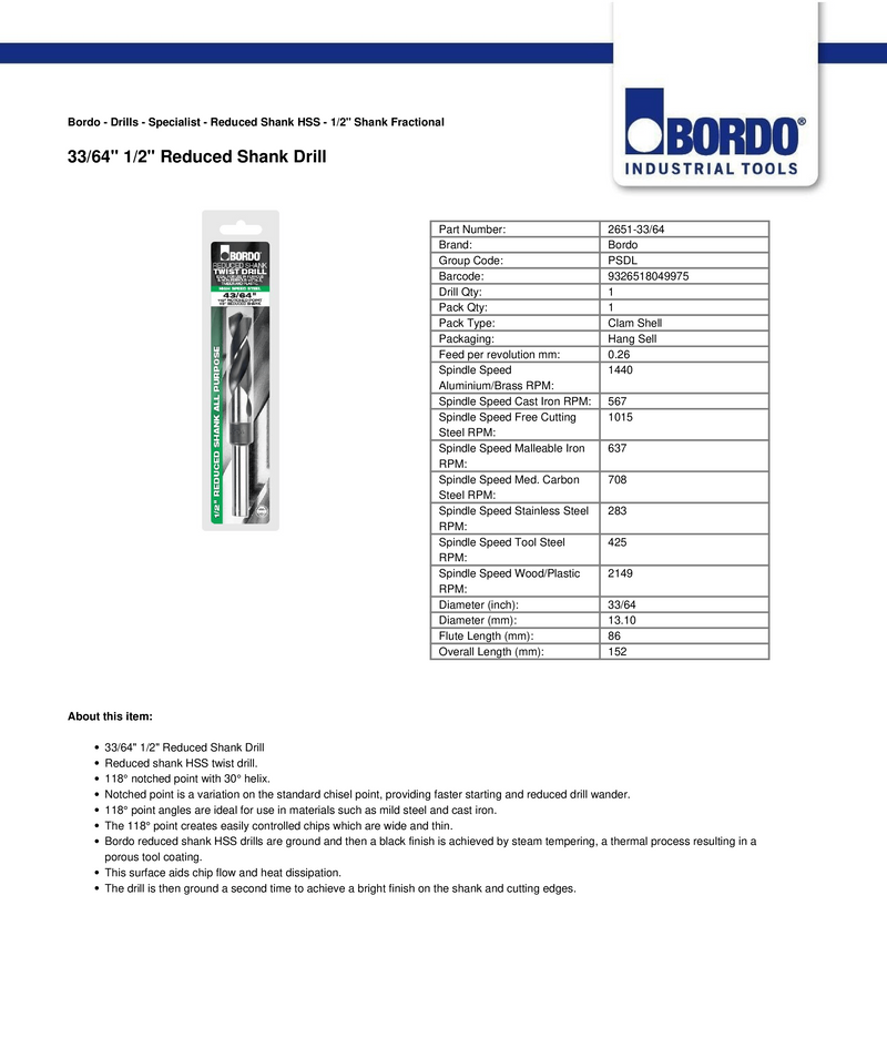 REDUCED SHANK DRILL 33/64" HSS | BORDO