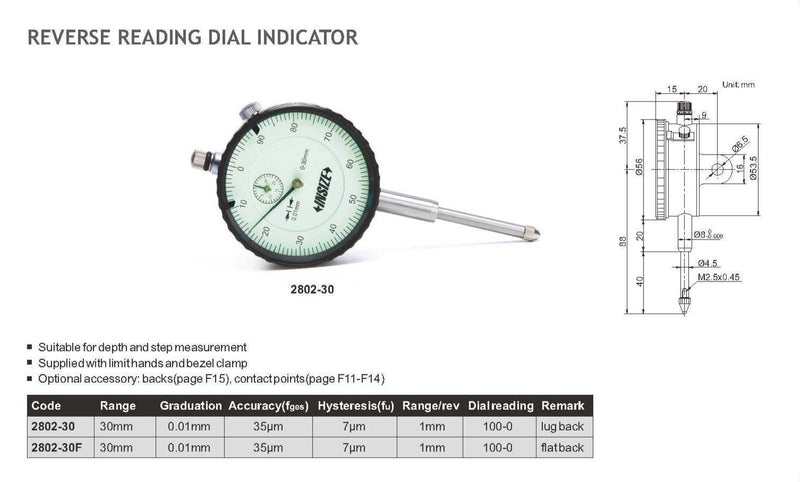 REVERSE READING DIAL INDICATOR | 0 - 30mm x 0.01mm | INSIZE 2802-30