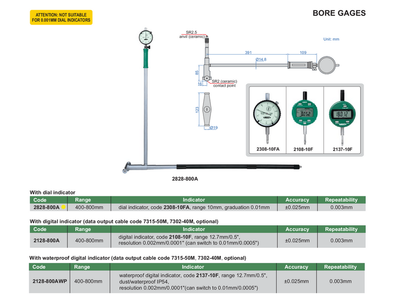 BORE GAUGE | 400 - 800mm x 0.01mm | INSIZE 2828-800A