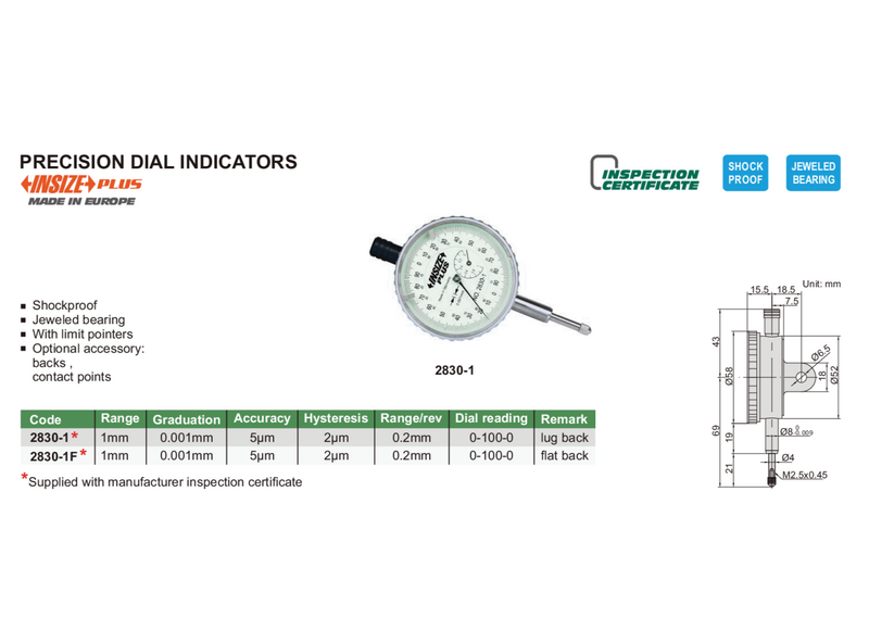 PRECISION DIAL INDICATOR | 0 - 1mm x 0.001mm | INSIZE 2830-1