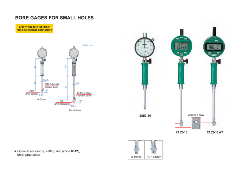 SMALL HOLE BORE GAUGE | 10 - 18.5mm x 0.01mm | INSIZE 2852-18