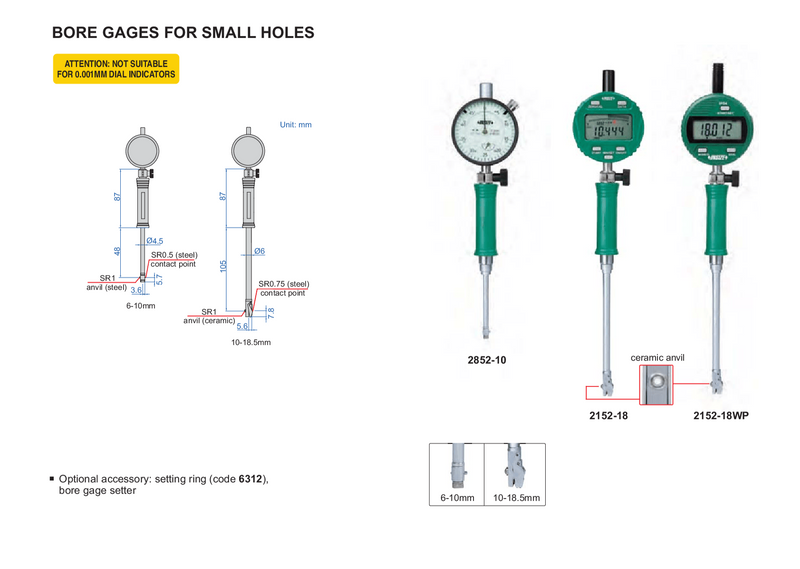 SMALL HOLE BORE GAUGE | 6 - 10mm x 0.01mm | INSIZE 2852-10