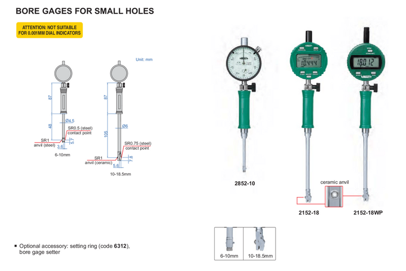 SMALL HOLE DIGITAL BORE GAUGE - INSIZE 2152-18 10-18.5mm