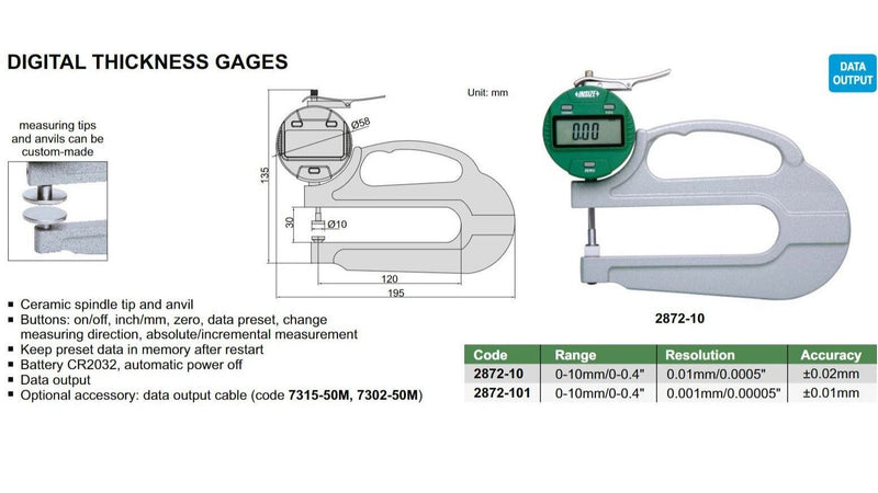 DIGITAL THICKNESS GAUGE - Insize 2872-10 0-10mm / 0-0.4"