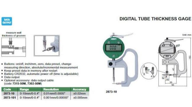 DIGITAL TUBE THICKNESS GAUGE - Insize 2873-10 0-10mm / 0-0.4"