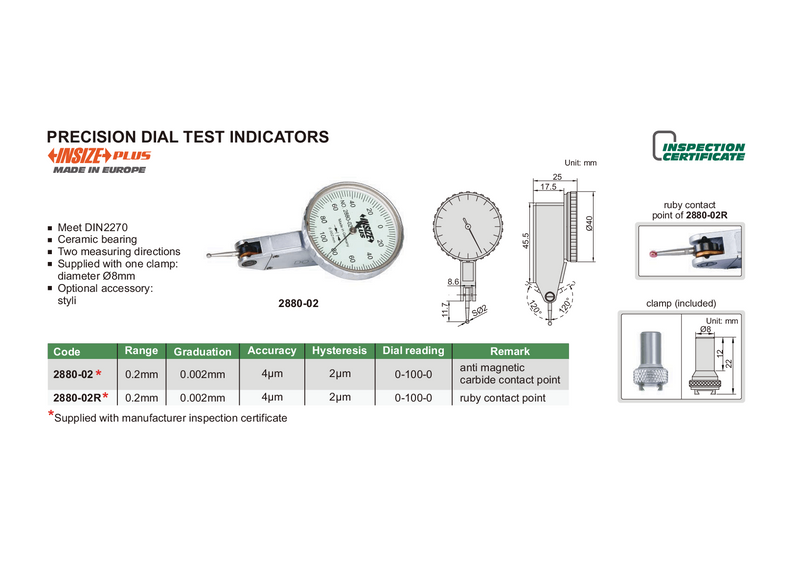 PRECISION DIAL TEST INDICATOR - Insize 2880-02R 0.2mm