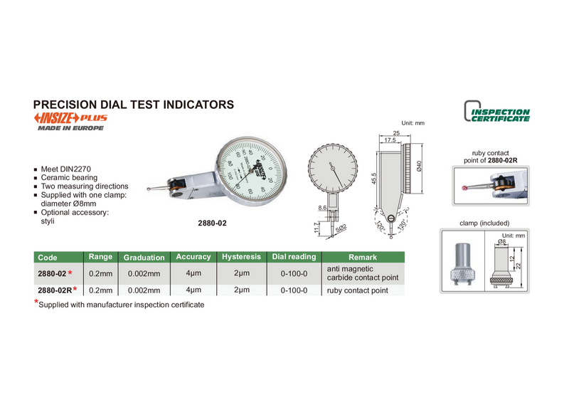 PRECISION DIAL TEST INDICATOR - Insize 2880-02 0.2mm