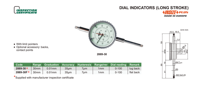 DIAL INDICATOR - Insize 2889-30 30mm (Long Stroke)