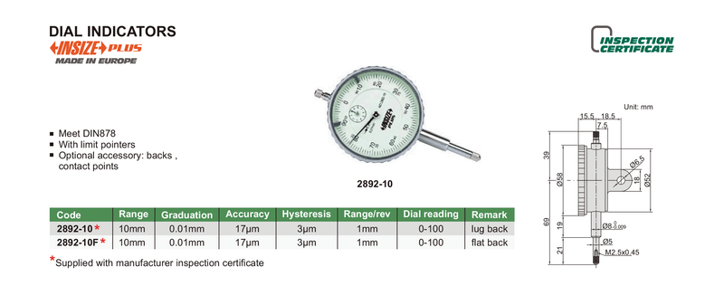 10mm DIAL INDICATOR - INSIZE 2892-10