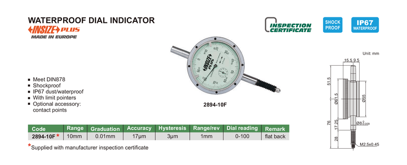 IP67 WATERPROOF DIAL INDICATOR - INSIZE 2894-10F 10mm