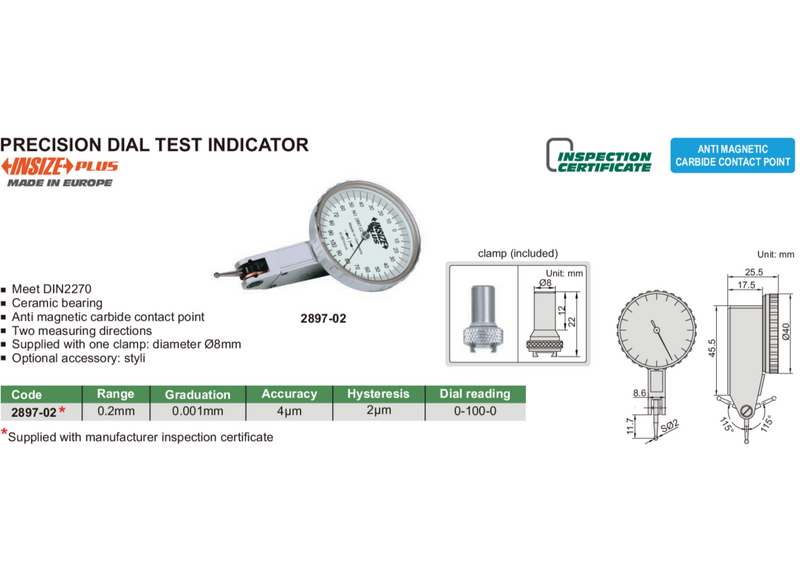 PRECISION DIAL TEST INDICATOR - Insize 2897-02  0.2mm